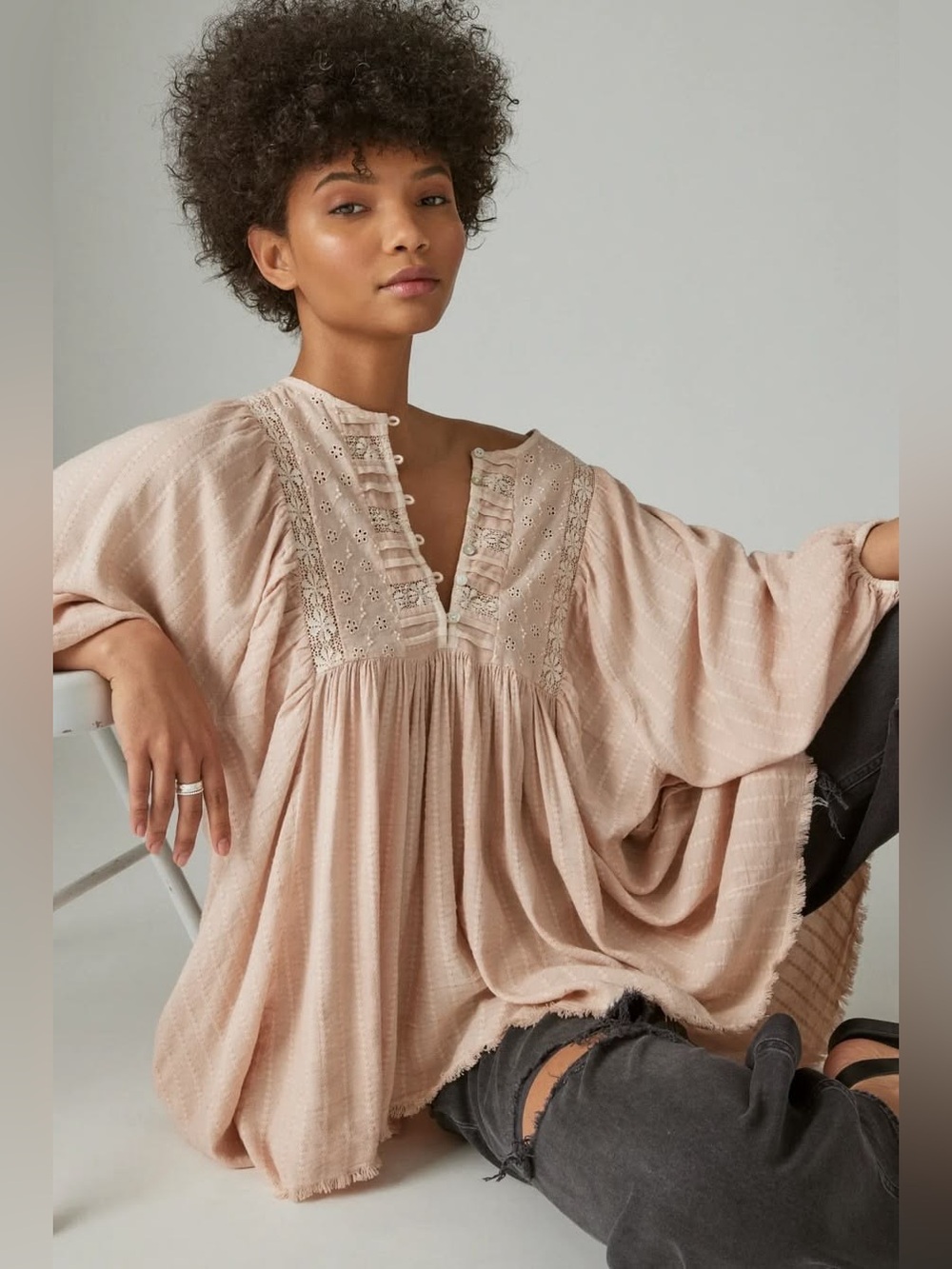 Lucky Brand Lace Yoke Tunic Top Cotton Viscose Peach Whip Medium Cottage Prairie - Picture 1 of 14